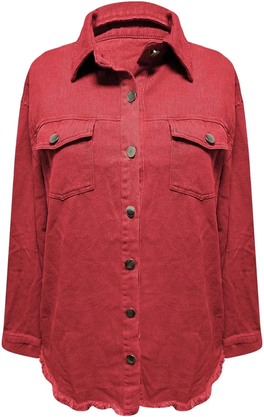 Womens Oversized Button Up Frayed Hem Shacket Long Sleeve Pockets Denim Jean Jacket Trucker Coats