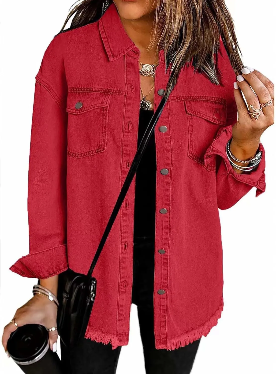 Womens Oversized Button Up Frayed Hem Shacket Long Sleeve Pockets Denim Jean Jacket Trucker Coats