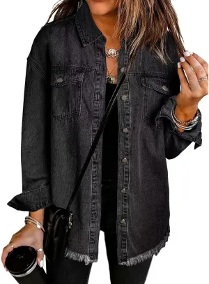 Women's Oversized Denim Jacket Button Down Casual Long Frayed Hem Shacket Coats Long Sleeve Boyfriend Jean Jackets