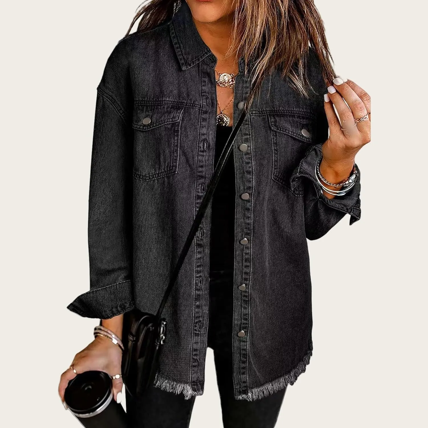 Women's Oversized Denim Jacket Button Down Casual Long Frayed Hem Shacket Coats Long Sleeve Boyfriend Jean Jackets