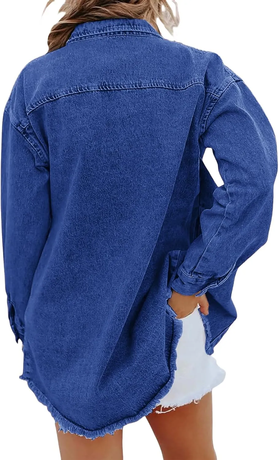 Women's Oversized Denim Jacket Button Down Casual Long Frayed Hem Shacket Coats Long Sleeve Boyfriend Jean Jackets
