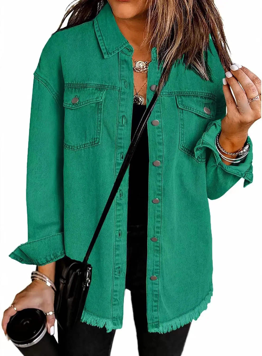 Women's Oversized Denim Jacket Button Down Casual Long Frayed Hem Shacket Coats Long Sleeve Boyfriend Jean Jackets
