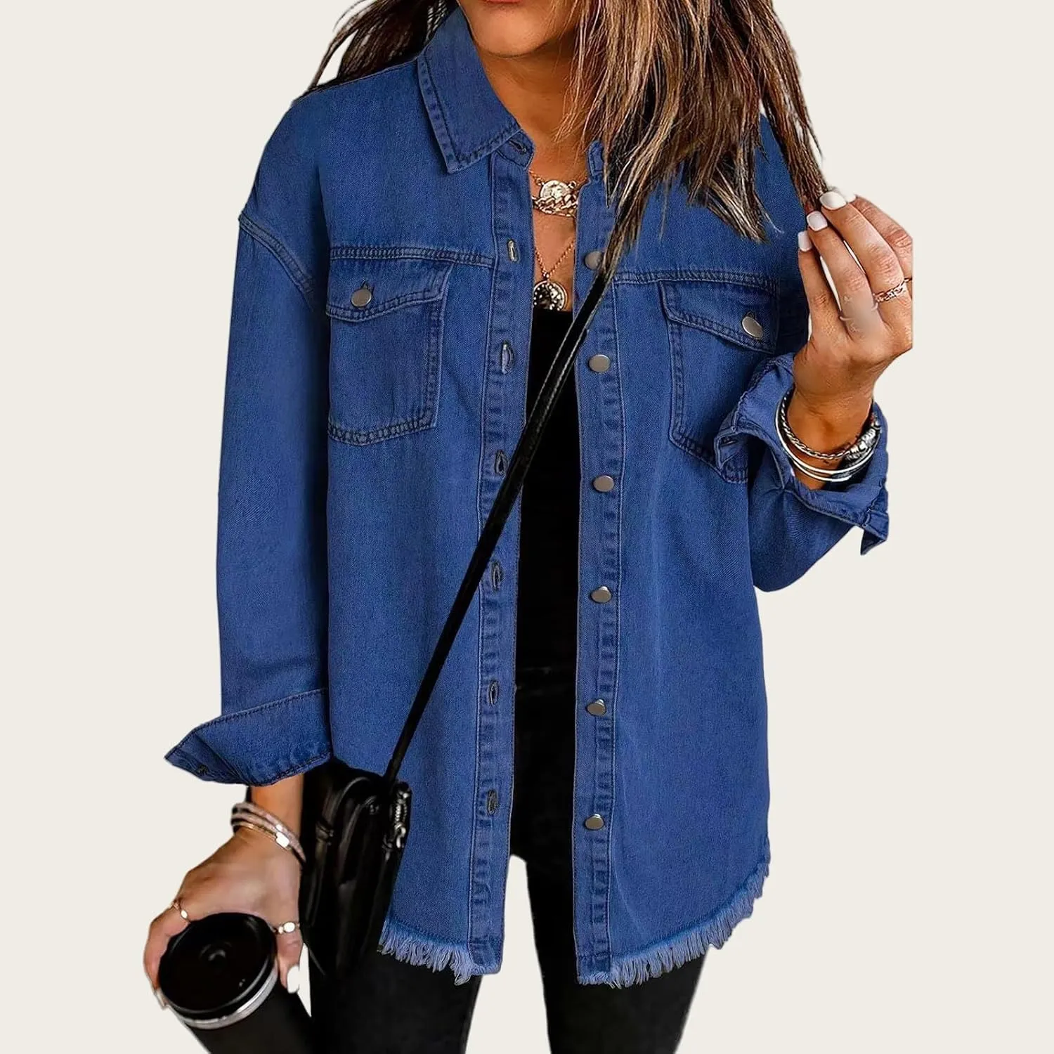 Women's Oversized Denim Jacket Button Down Casual Long Frayed Hem Shacket Coats Long Sleeve Boyfriend Jean Jackets