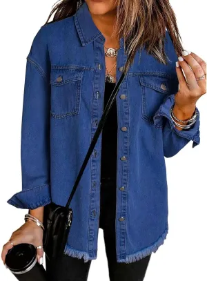 Women's Oversized Denim Jacket Button Down Casual Long Frayed Hem Shacket Coats Long Sleeve Boyfriend Jean Jackets