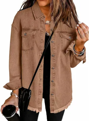 Women's Oversized Denim Jacket Button Down Casual Long Frayed Hem Shacket Coats Long Sleeve Boyfriend Jean Jackets