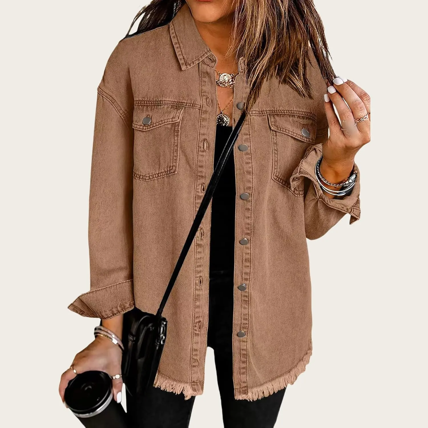 Women's Oversized Denim Jacket Button Down Casual Long Frayed Hem Shacket Coats Long Sleeve Boyfriend Jean Jackets
