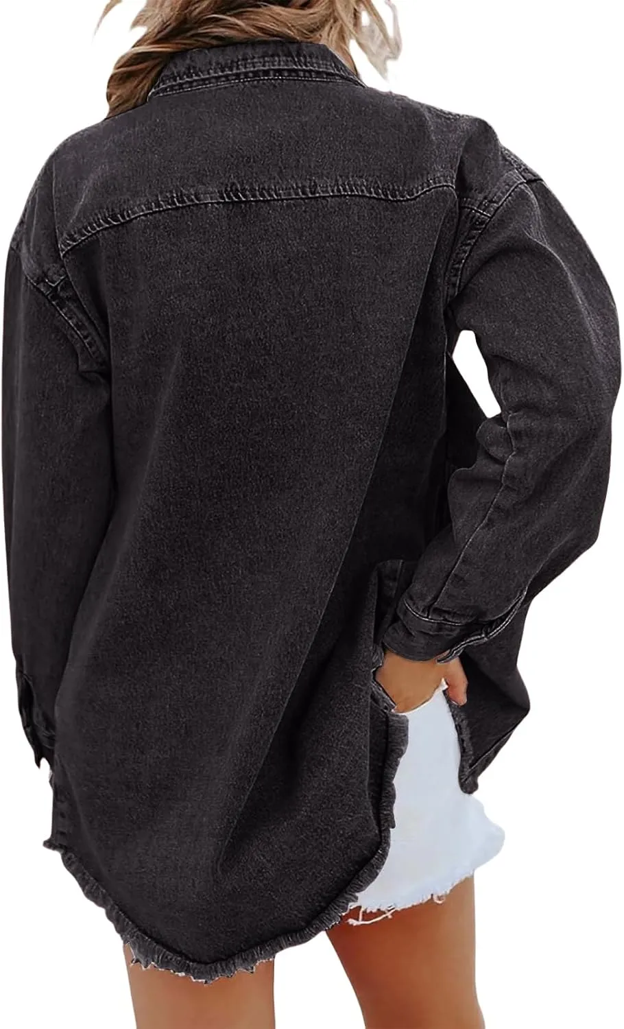 Women's Oversized Denim Jacket Button Down Casual Long Frayed Hem Shacket Coats Long Sleeve Boyfriend Jean Jackets