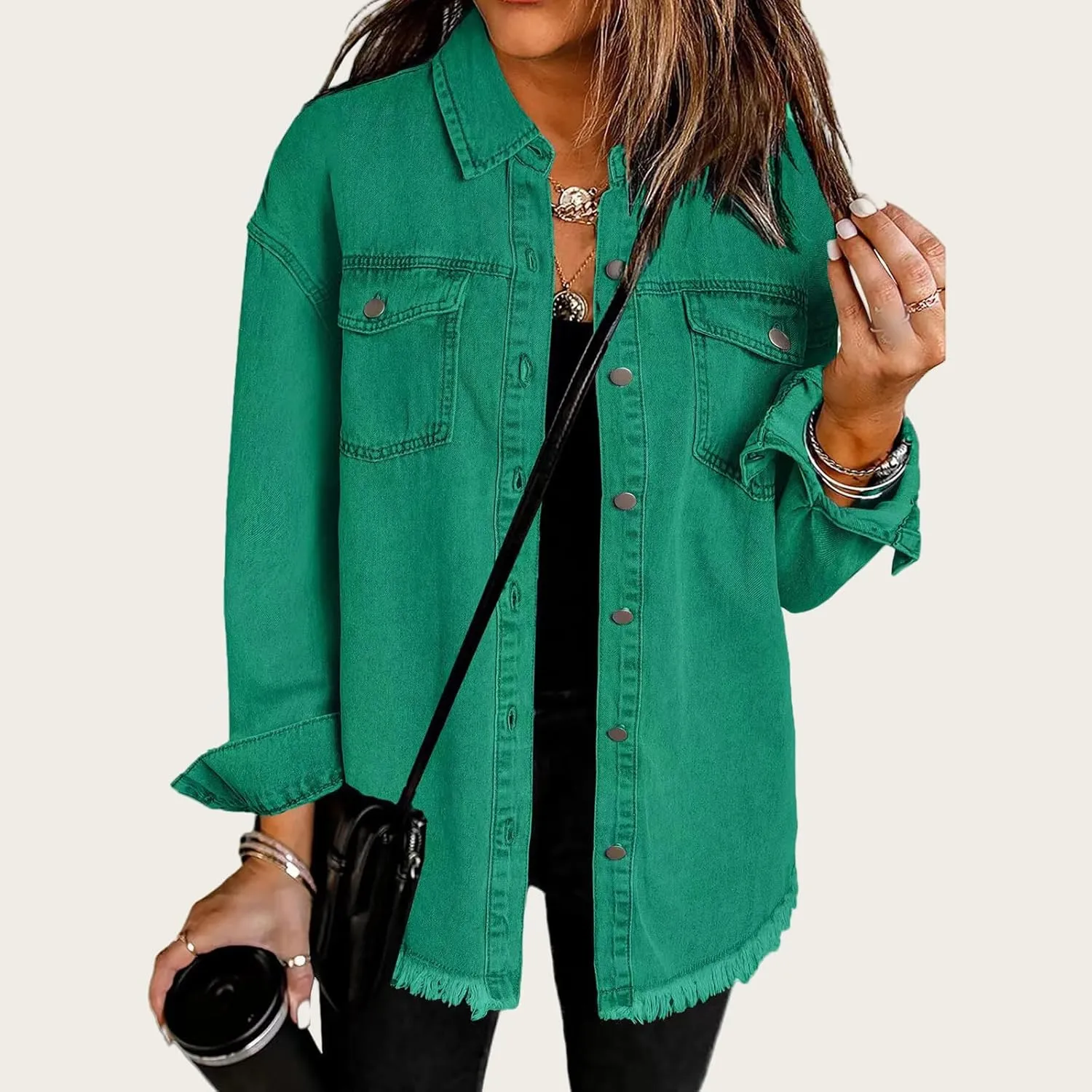Women's Oversized Denim Jacket Button Down Casual Long Frayed Hem Shacket Coats Long Sleeve Boyfriend Jean Jackets