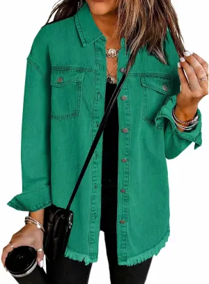 Women's Oversized Denim Jacket Button Down Casual Long Frayed Hem Shacket Coats Long Sleeve Boyfriend Jean Jackets
