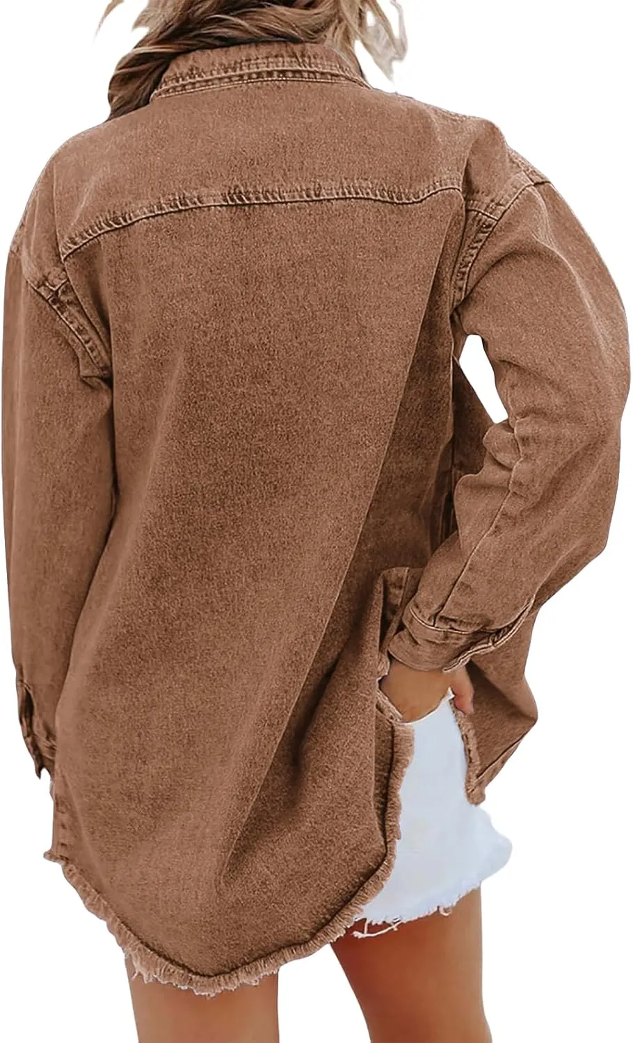 Women's Oversized Denim Jacket Button Down Casual Long Frayed Hem Shacket Coats Long Sleeve Boyfriend Jean Jackets