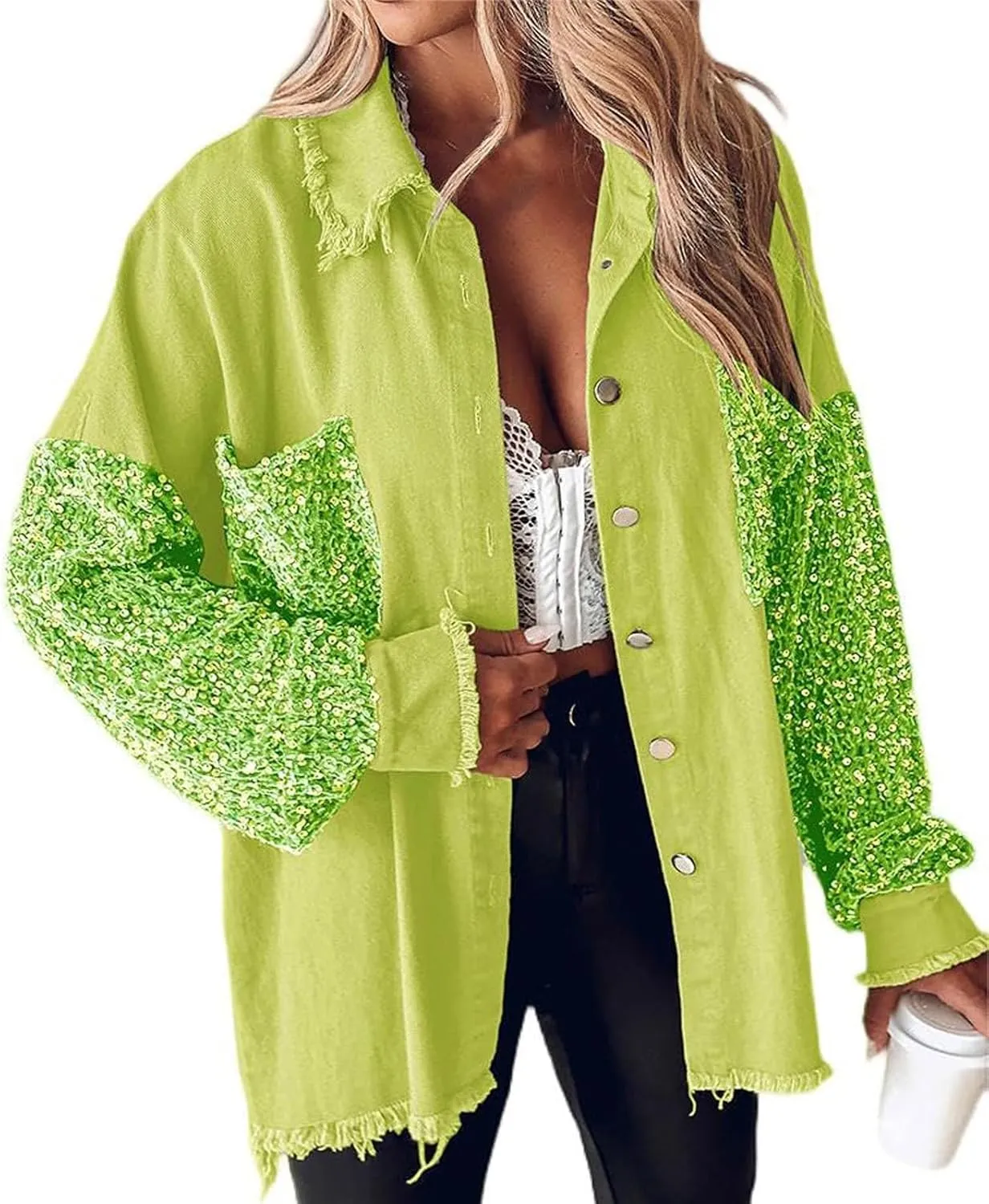 Womens Oversized Denim Jacket Lightweight Button Up Frayed Hem Shacket Long Sleeve Boyfriend Jean Jackets