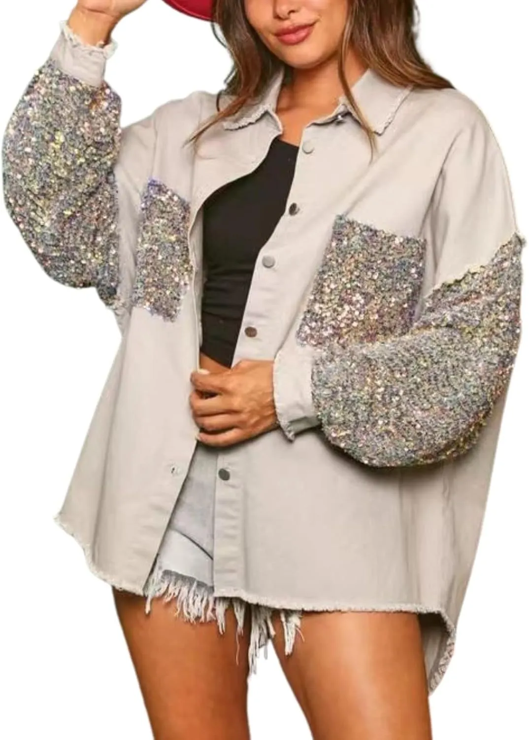 Womens Oversized Denim Jacket Sequin Sparkle Casual Long Sleeve Jean Jacket Coat