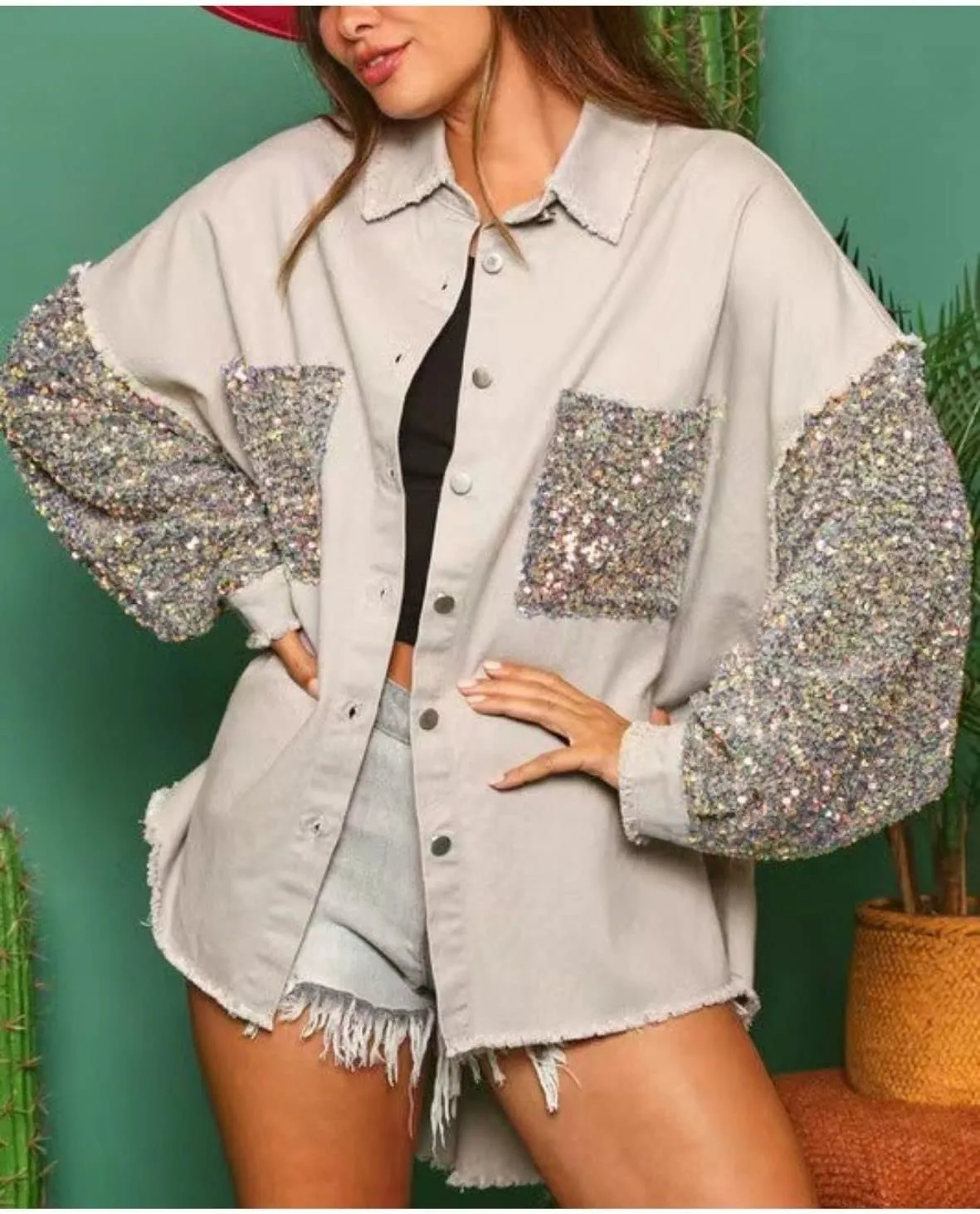 Womens Oversized Denim Jacket Sequin Sparkle Casual Long Sleeve Jean Jacket Coat