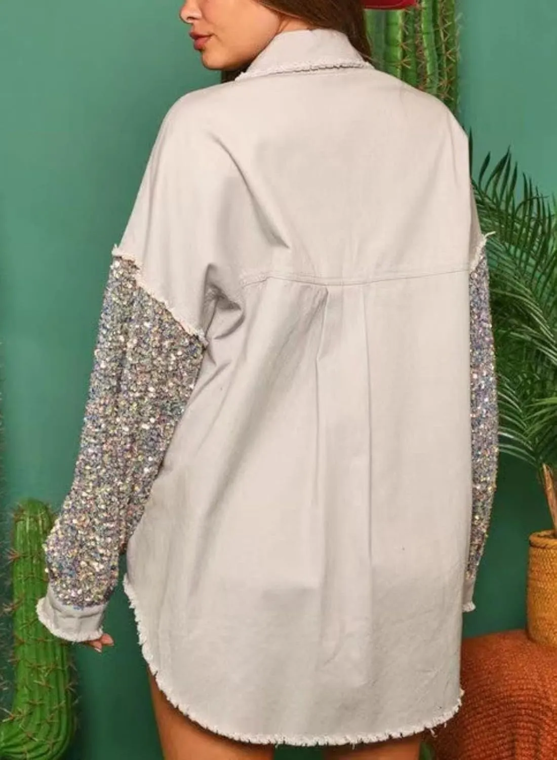 Womens Oversized Denim Jacket Sequin Sparkle Casual Long Sleeve Jean Jacket Coat