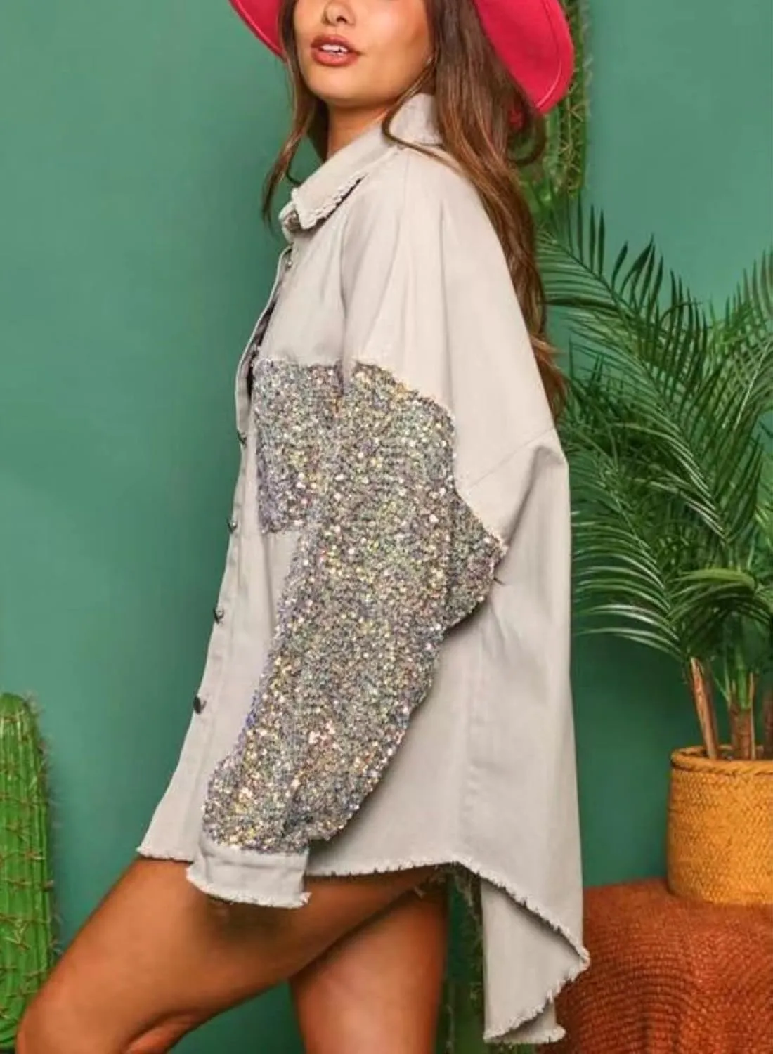 Womens Oversized Denim Jacket Sequin Sparkle Casual Long Sleeve Jean Jacket Coat