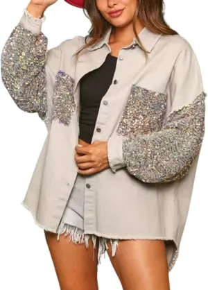 Womens Oversized Denim Jacket Sequin Sparkle Casual Long Sleeve Jean Jacket Coat