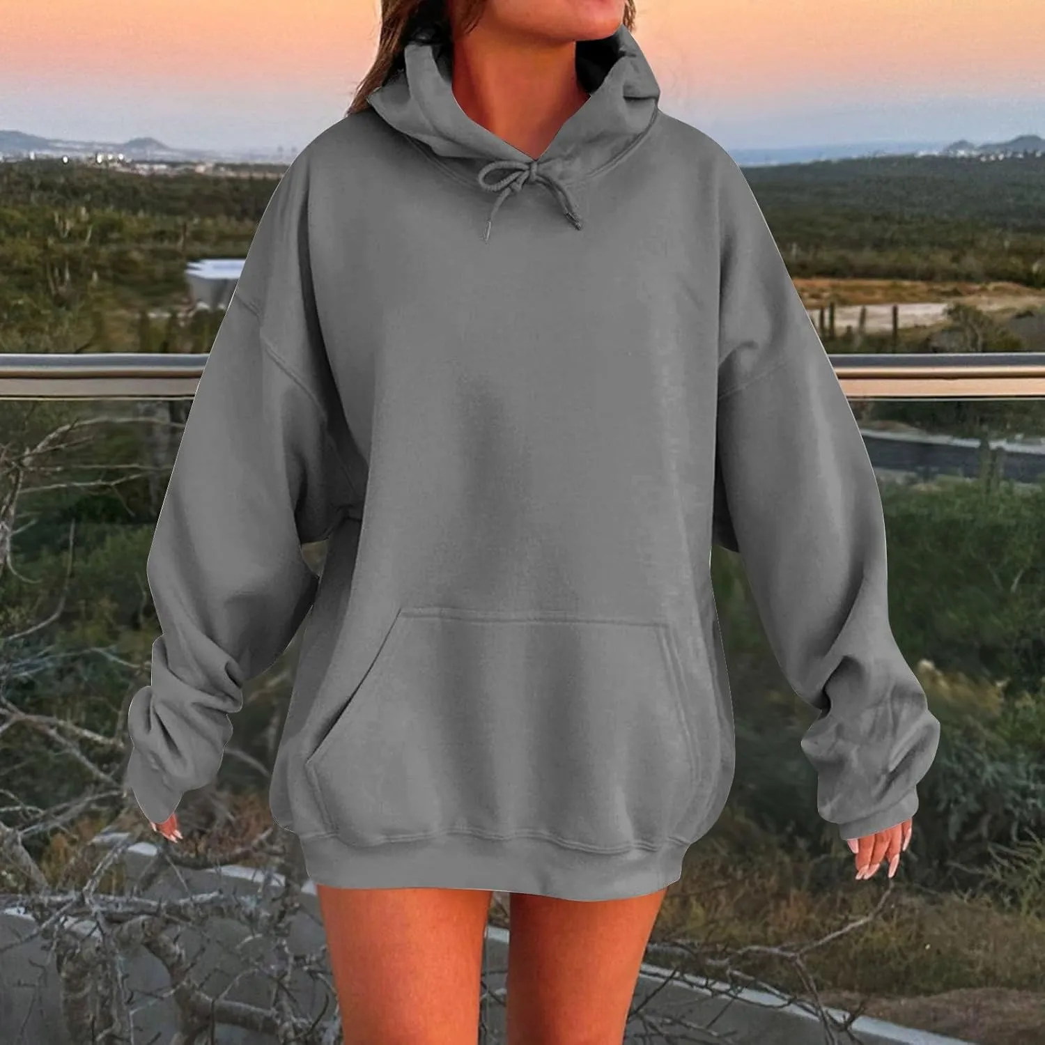 Womens Oversized Hoodies Fleece Solid Color Long Sleeve Sweatshirts with Pockets Winter Basic Pullover 2024 Fashion Tops