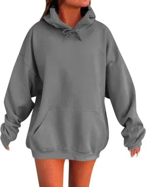 Womens Oversized Hoodies Fleece Solid Color Long Sleeve Sweatshirts with Pockets Winter Basic Pullover 2024 Fashion Tops