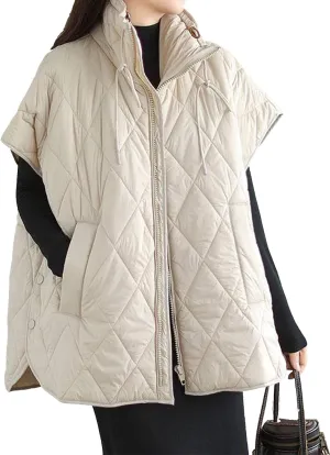 Womens Oversized Quilted Puffer Vest Cap Sleeve Stand Collar Zip Up Down Vest with Pockets