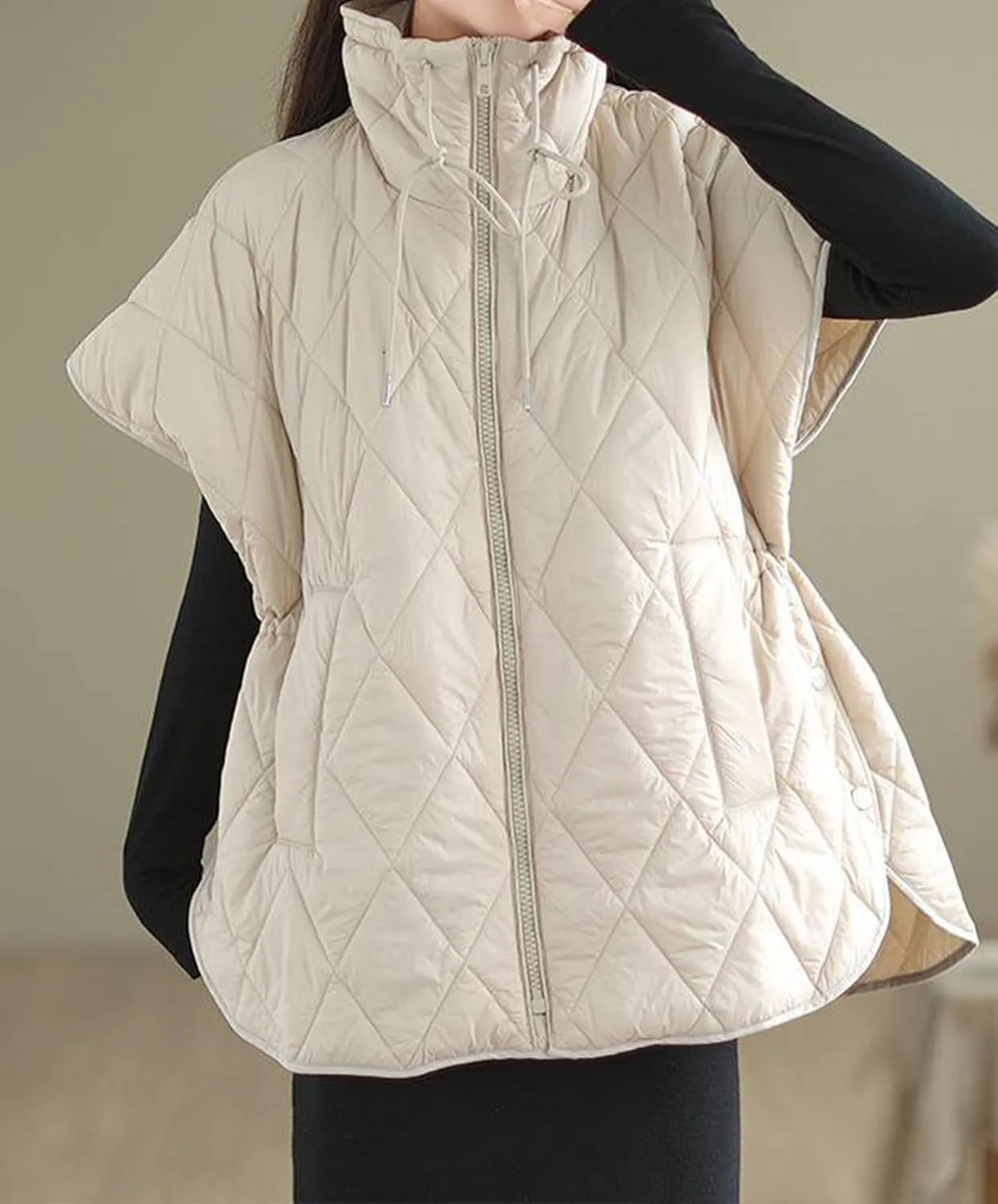 Womens Oversized Quilted Puffer Vest Cap Sleeve Stand Collar Zip Up Down Vest with Pockets