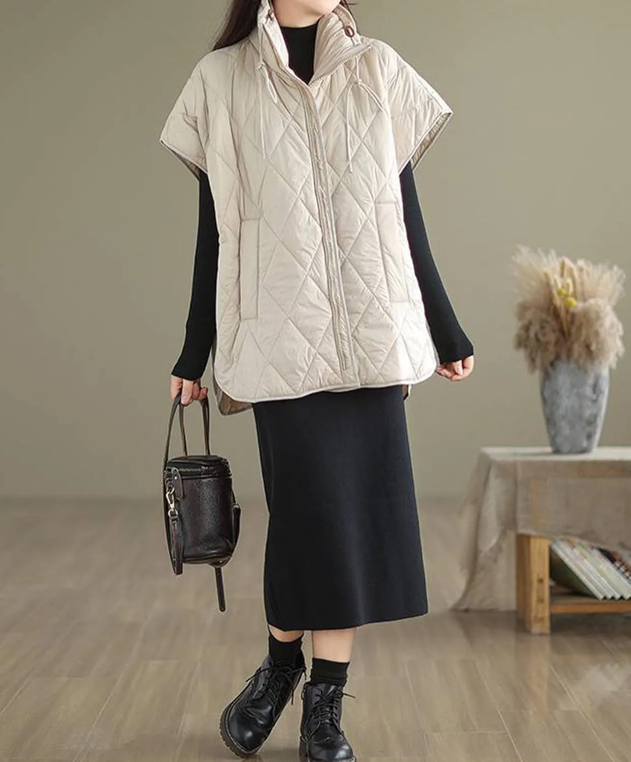 Womens Oversized Quilted Puffer Vest Cap Sleeve Stand Collar Zip Up Down Vest with Pockets