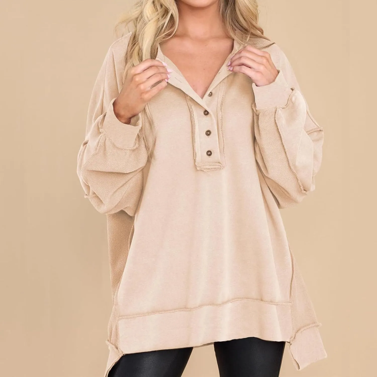 Womens Oversized Sweatshirt Casual Long Sleeve Shirts Button Henley Neck Pullover Patchwork Tunic Tops Fall Outfits
