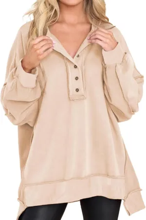 Womens Oversized Sweatshirt Casual Long Sleeve Shirts Button Henley Neck Pullover Patchwork Tunic Tops Fall Outfits