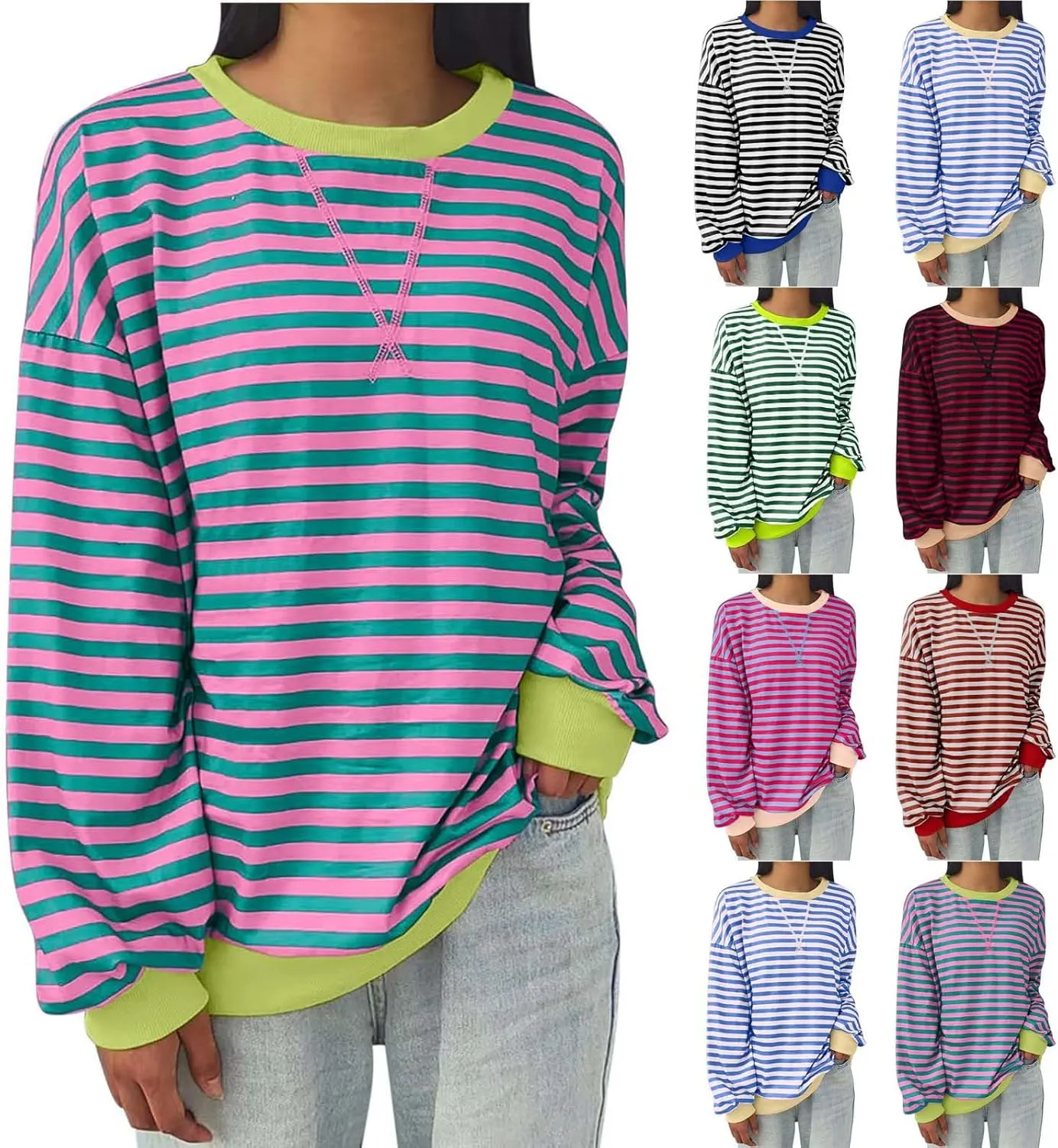 Womens Oversized Sweatshirt Long Sleeve Striped Sweatshirts Loose Fit Pullover Top Fashion Y2k Clothes Fall Outfits