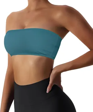 Womens Padded Bandeau Sports Tube Top Bra Strapless Wireless Solid Seamless Yoga Workout Bralette