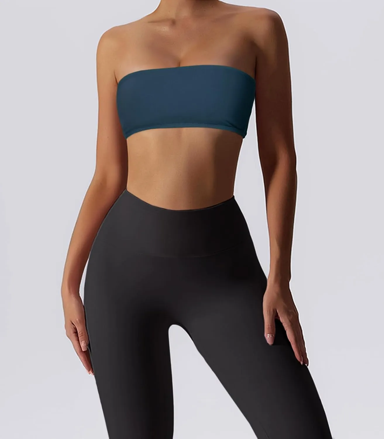 Womens Padded Bandeau Sports Tube Top Bra Strapless Wireless Solid Seamless Yoga Workout Bralette