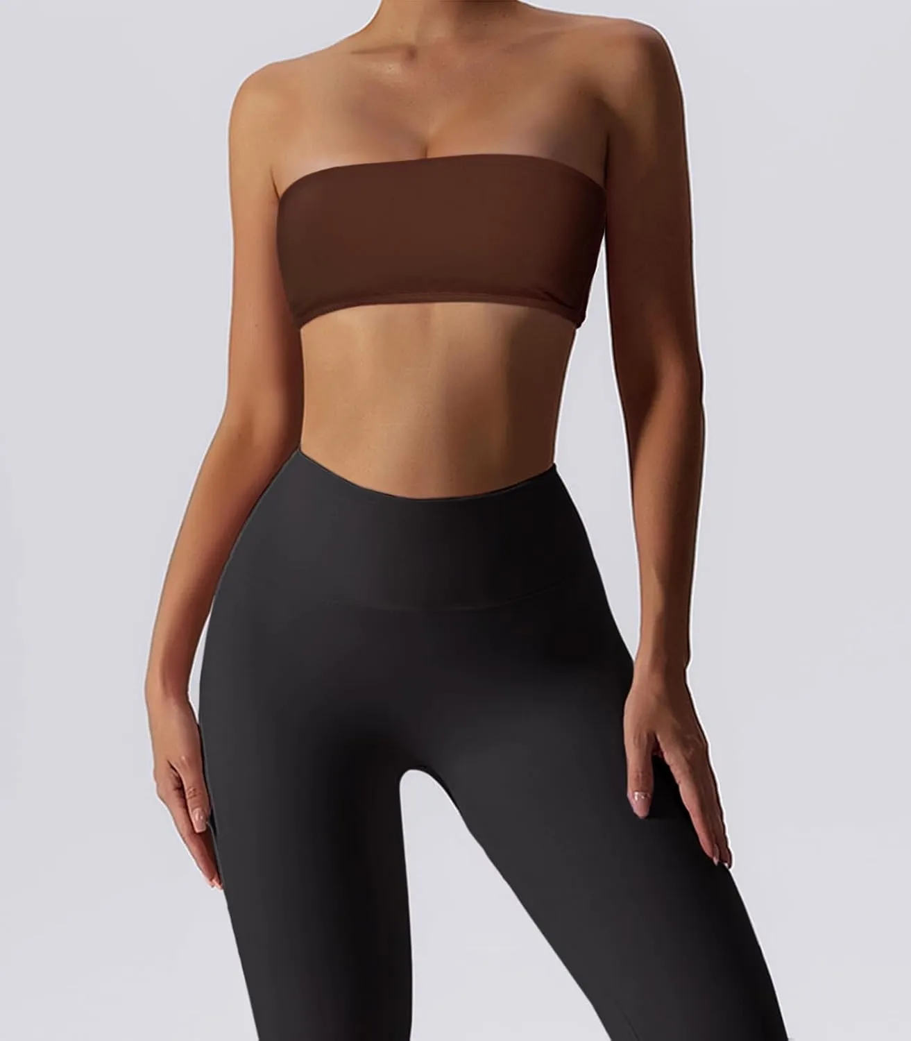 Womens Padded Bandeau Sports Tube Top Bra Strapless Wireless Solid Seamless Yoga Workout Bralette