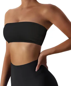 Womens Padded Bandeau Sports Tube Top Bra Strapless Wireless Solid Seamless Yoga Workout Bralette