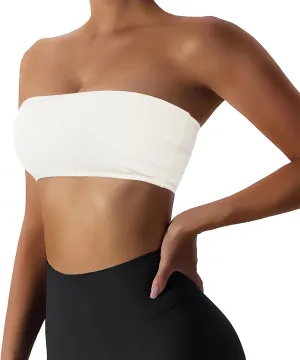 Womens Padded Bandeau Sports Tube Top Bra Strapless Wireless Solid Seamless Yoga Workout Bralette
