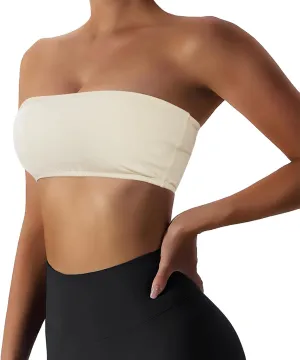 Womens Padded Bandeau Sports Tube Top Bra Strapless Wireless Solid Seamless Yoga Workout Bralette