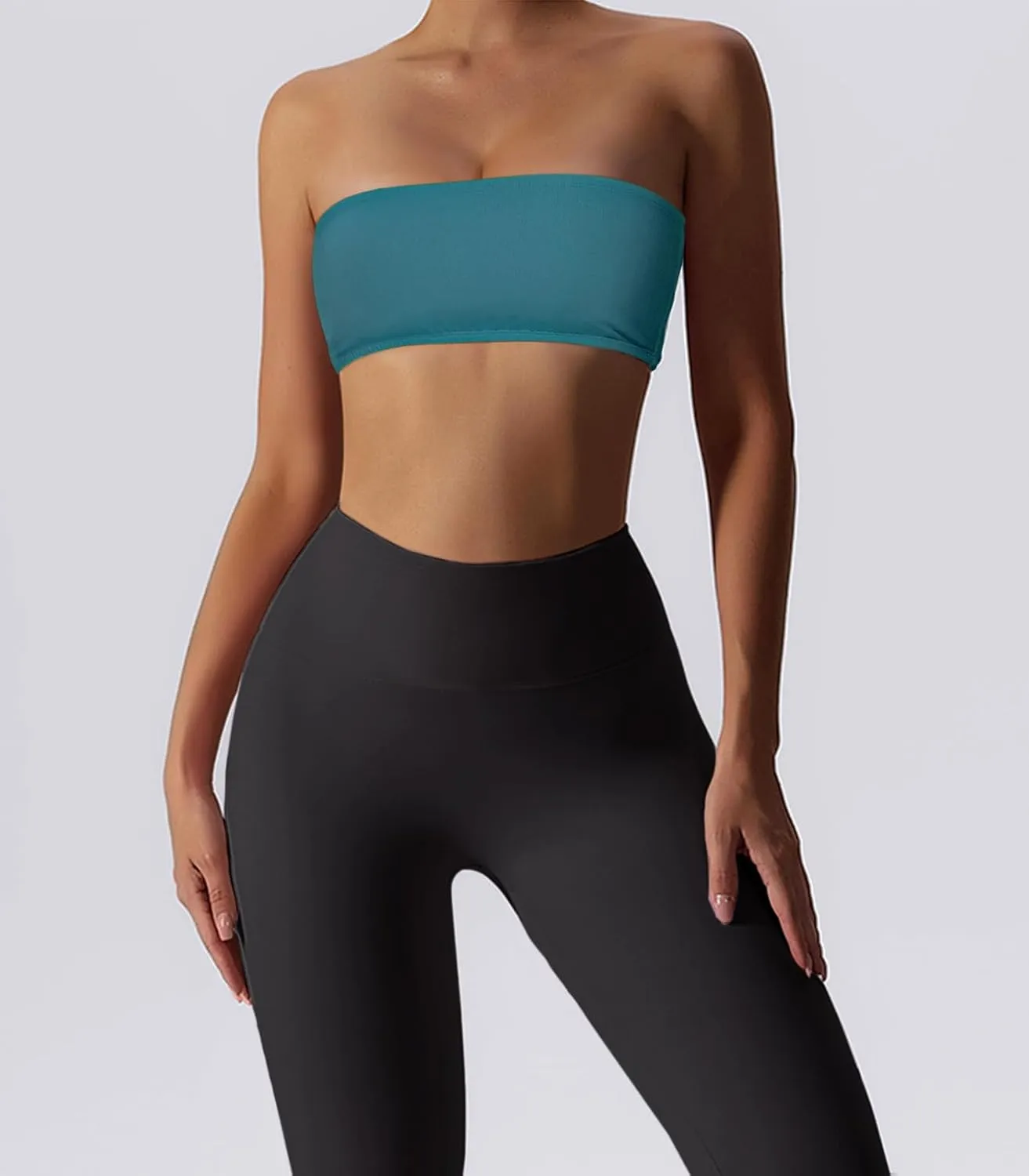 Womens Padded Bandeau Sports Tube Top Bra Strapless Wireless Solid Seamless Yoga Workout Bralette