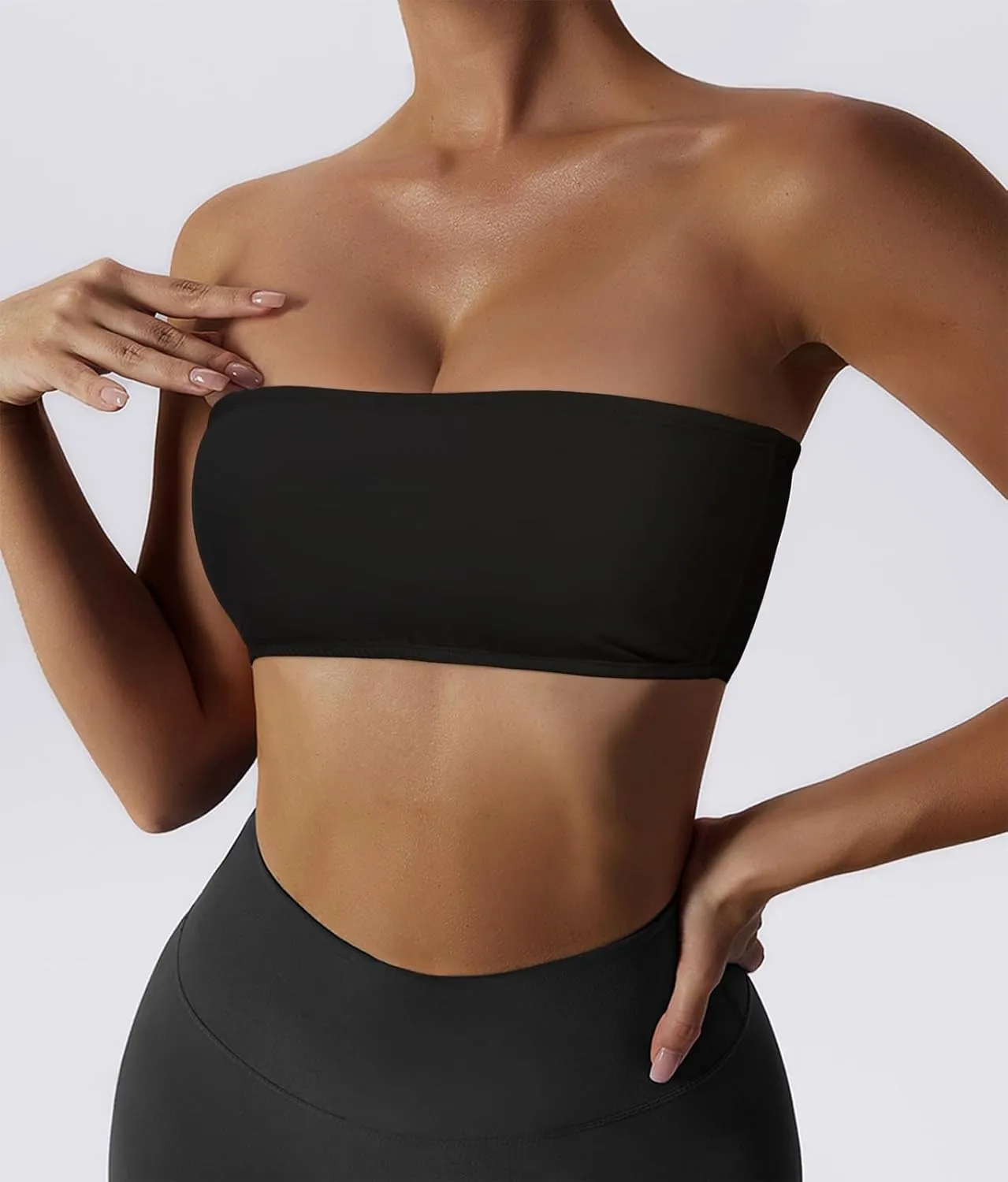 Womens Padded Bandeau Sports Tube Top Bra Strapless Wireless Solid Seamless Yoga Workout Bralette