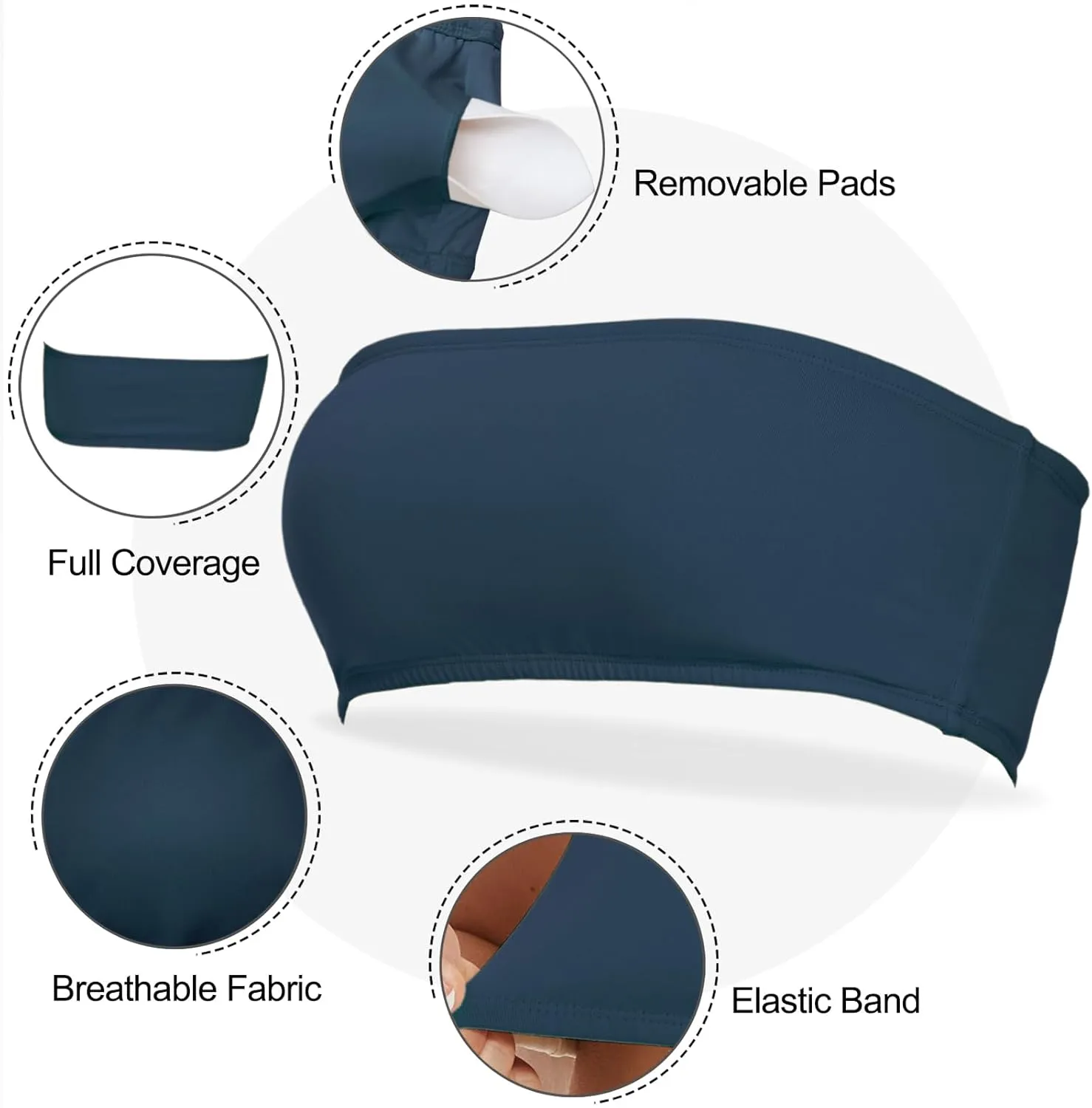Womens Padded Bandeau Sports Tube Top Bra Strapless Wireless Solid Seamless Yoga Workout Bralette