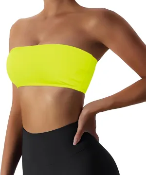 Womens Padded Bandeau Sports Tube Top Bra Strapless Wireless Solid Seamless Yoga Workout Bralette