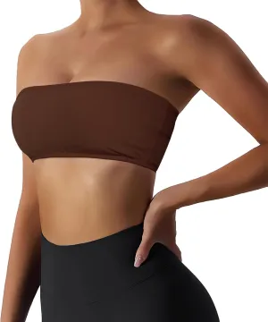 Womens Padded Bandeau Sports Tube Top Bra Strapless Wireless Solid Seamless Yoga Workout Bralette
