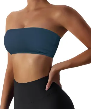 Womens Padded Bandeau Sports Tube Top Bra Strapless Wireless Solid Seamless Yoga Workout Bralette