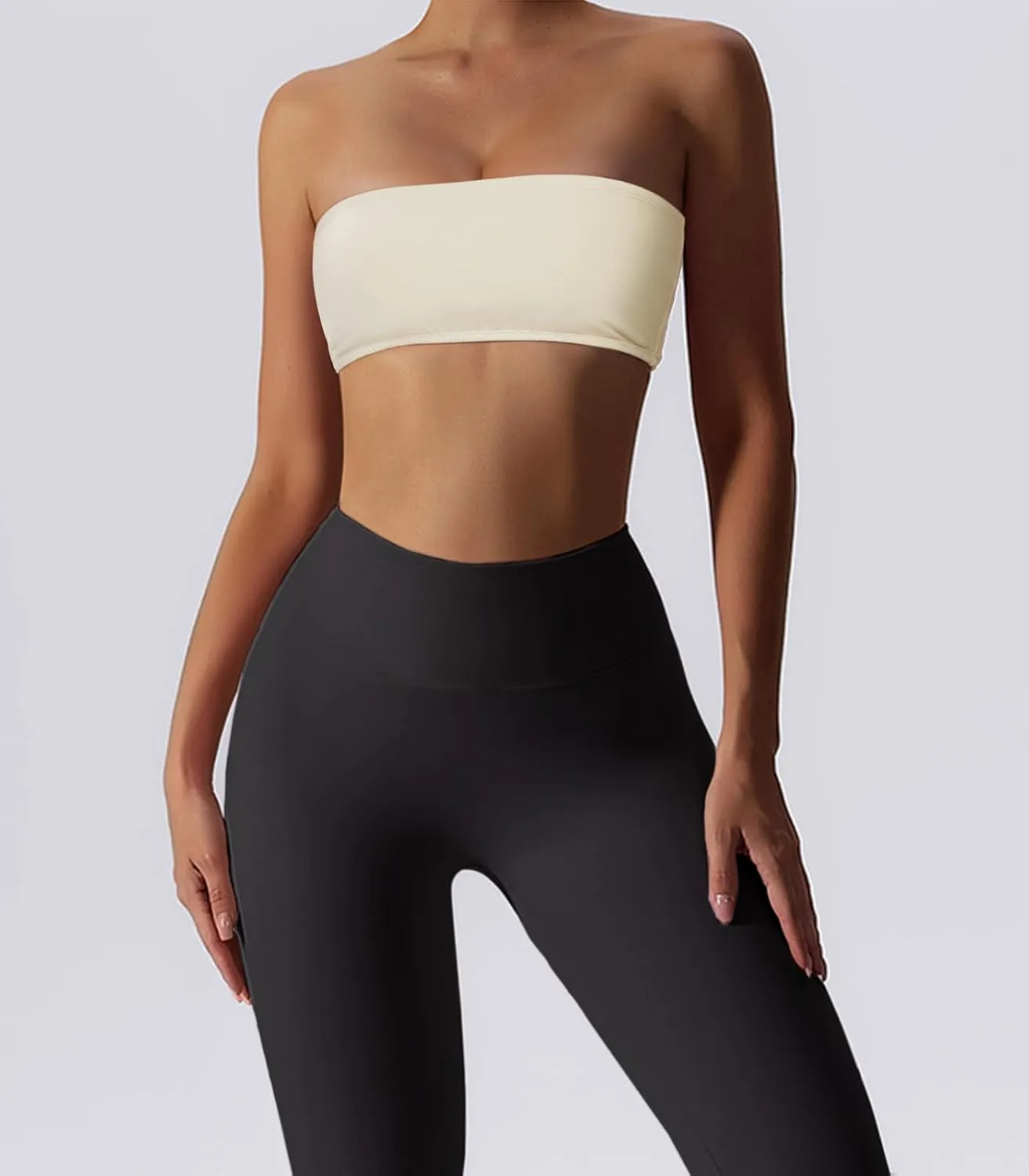 Womens Padded Bandeau Sports Tube Top Bra Strapless Wireless Solid Seamless Yoga Workout Bralette