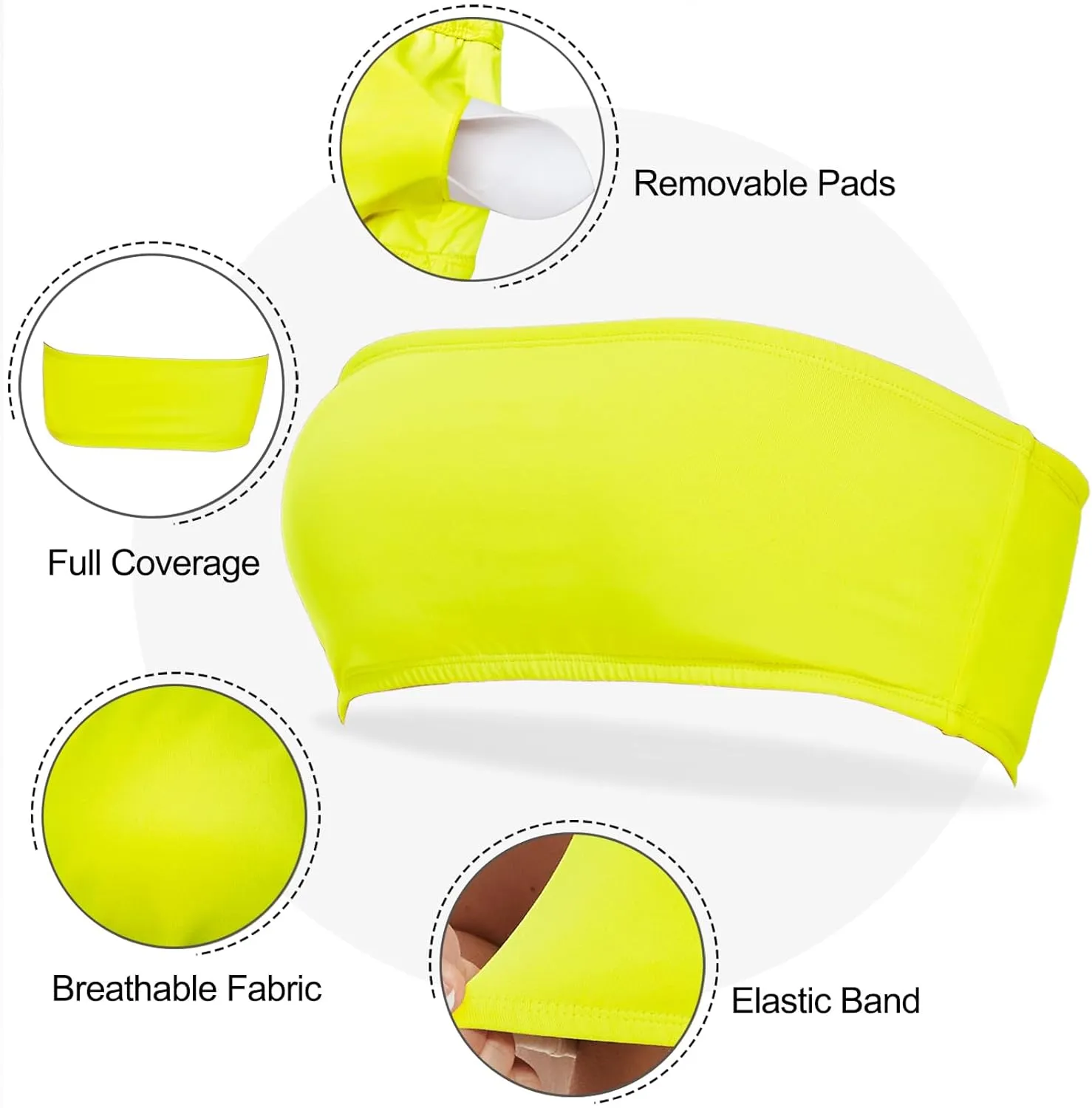 Womens Padded Bandeau Sports Tube Top Bra Strapless Wireless Solid Seamless Yoga Workout Bralette