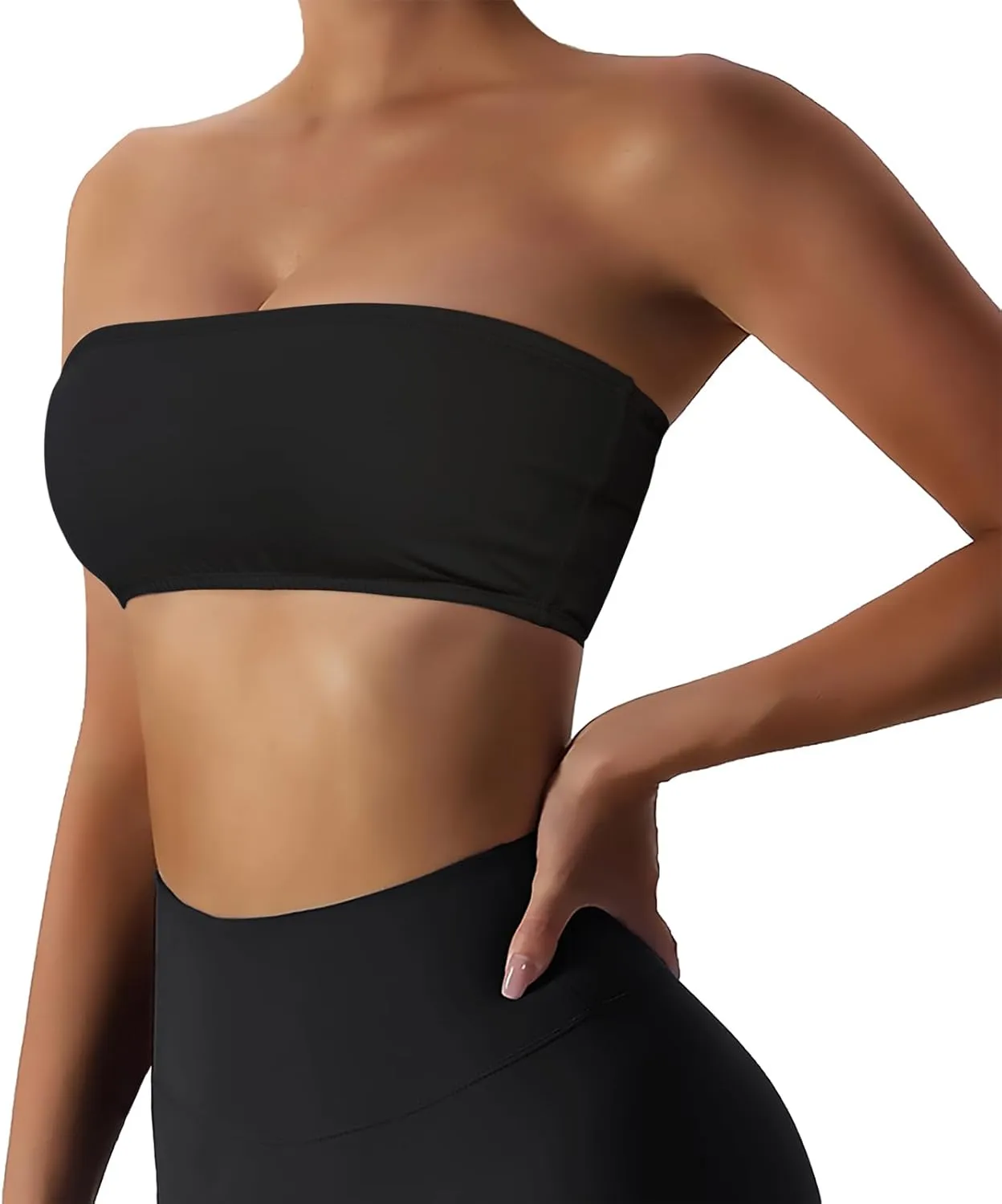 Womens Padded Bandeau Sports Tube Top Bra Strapless Wireless Solid Seamless Yoga Workout Bralette