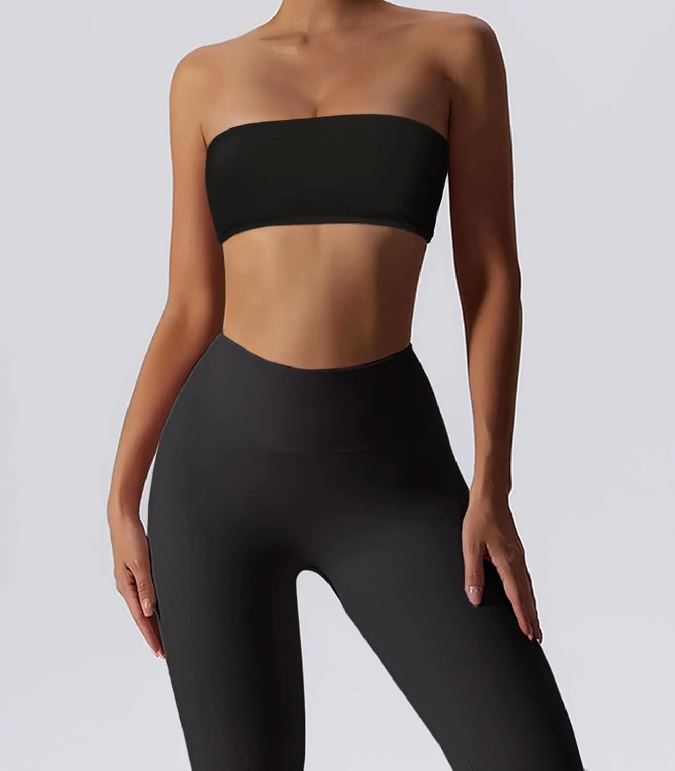Womens Padded Bandeau Sports Tube Top Bra Strapless Wireless Solid Seamless Yoga Workout Bralette
