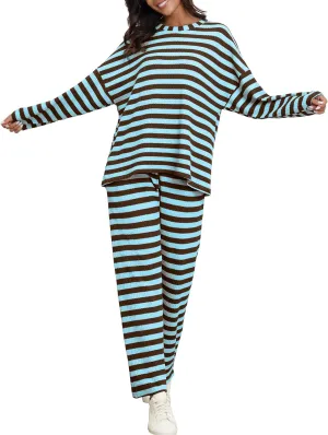 Women's Pajama Sets Striped Waffle Knit Lounge Set Long Sleeve Pullover and Casual Pants Outfits Pjs 2 Piece