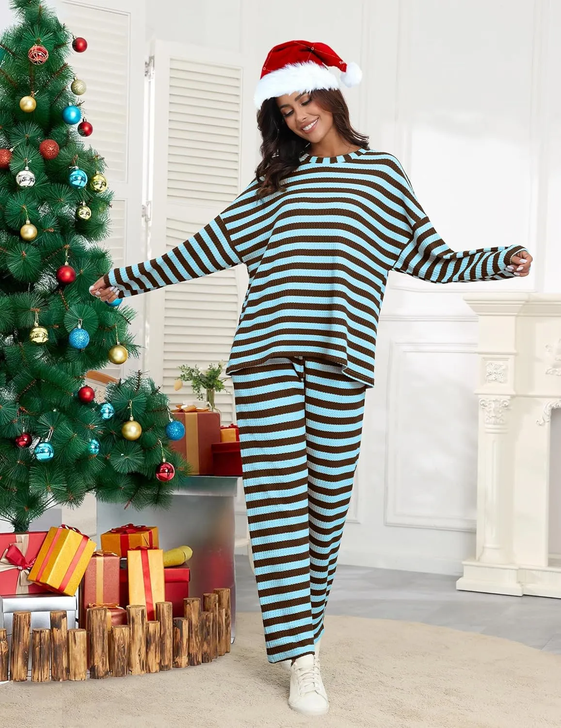 Women's Pajama Sets Striped Waffle Knit Lounge Set Long Sleeve Pullover and Casual Pants Outfits Pjs 2 Piece