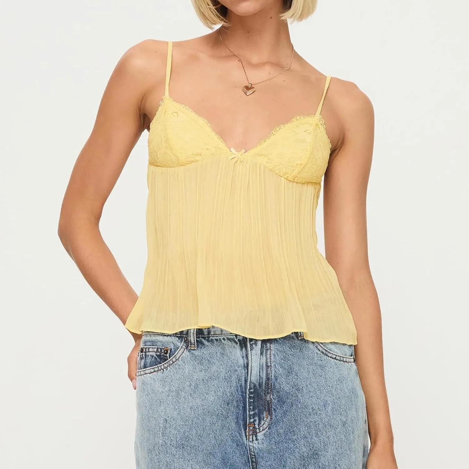 Women's Pleated Camisole Y2k Mini Tank Bowknot Front Sleeveless Spaghetti Strap V-Neck Lace Vest Cropped Tops