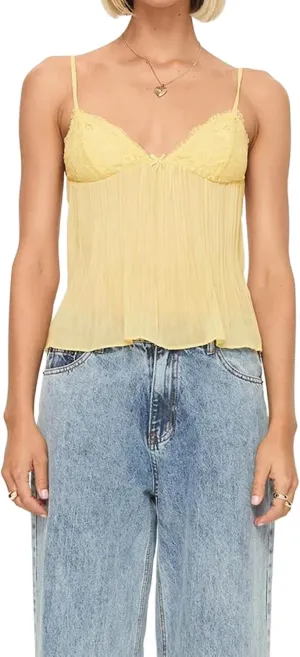 Women's Pleated Camisole Y2k Mini Tank Bowknot Front Sleeveless Spaghetti Strap V-Neck Lace Vest Cropped Tops