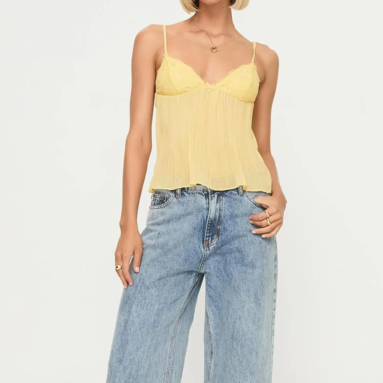 Women's Pleated Camisole Y2k Mini Tank Bowknot Front Sleeveless Spaghetti Strap V-Neck Lace Vest Cropped Tops