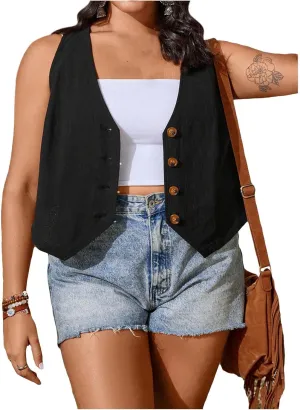 Women's Plus Size Button Down Jackets Vest V Neck Sleeveless Casual Cardigan Outerwear